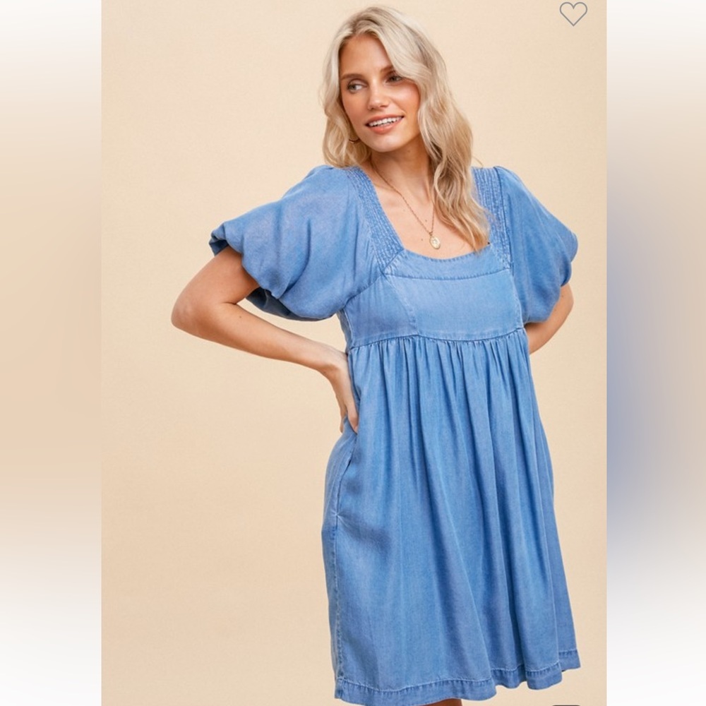 🆕Denim Blue Dress Babydoll Puff Sleeve Soft Tencel - Picture 5 of 6